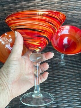 3 Pier 1 Hand Blown Red, Orange, Black Swirls Martini Margarita Glasses 7" Solid
